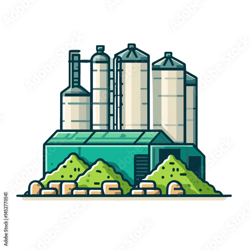 Vector icon. Industrial storage silos with green heap in modern style in minimalistic flat design on transparent background. Part of farming icon set.