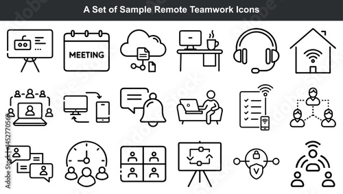Remote teamwork and collaboration vector icon set