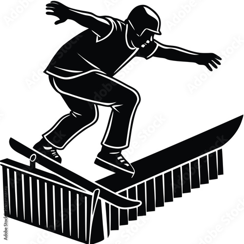 Skateboarder Grinding Rail Black and White Vector Illustration: Skateboarding Stunt, Extreme Sports Graphic, Skate Park Design Element