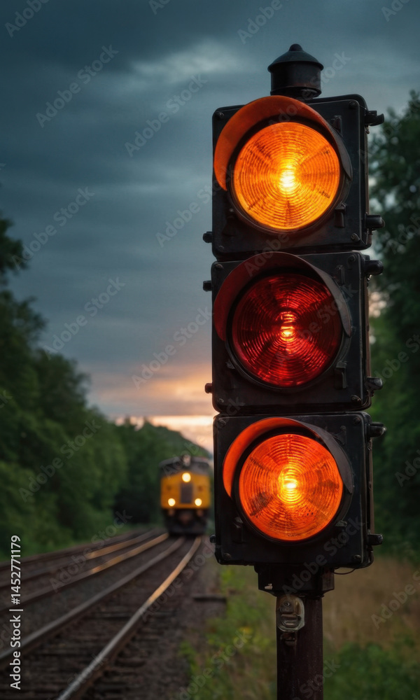 A train travels along the tracks near a traffic light, providing a contrast between urban and natural environments