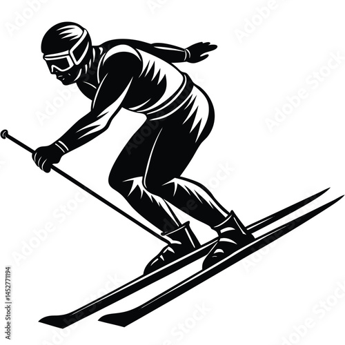 Skier Silhouette Vector Illustration: Downhill Skiing Sport, Winter Activity, Black and White Graphic Design for Prints and Logos