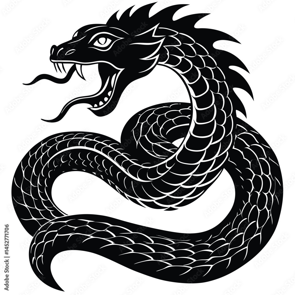 Fototapeta premium Black Snake Vector Illustration: Coiled Serpent with Open Mouth, Fangs, and Tongue - Detailed Reptile Art Design