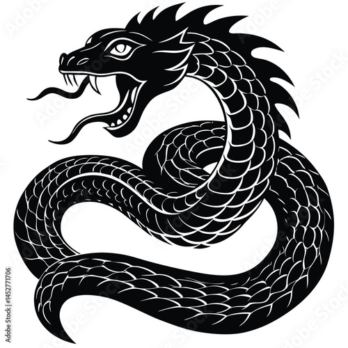 Black Snake Vector Illustration: Coiled Serpent with Open Mouth, Fangs, and Tongue - Detailed Reptile Art Design