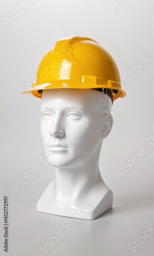 A mannequin head dressed in a yellow hard hat, suitable for use as a prop or to add a pop of color to your scene