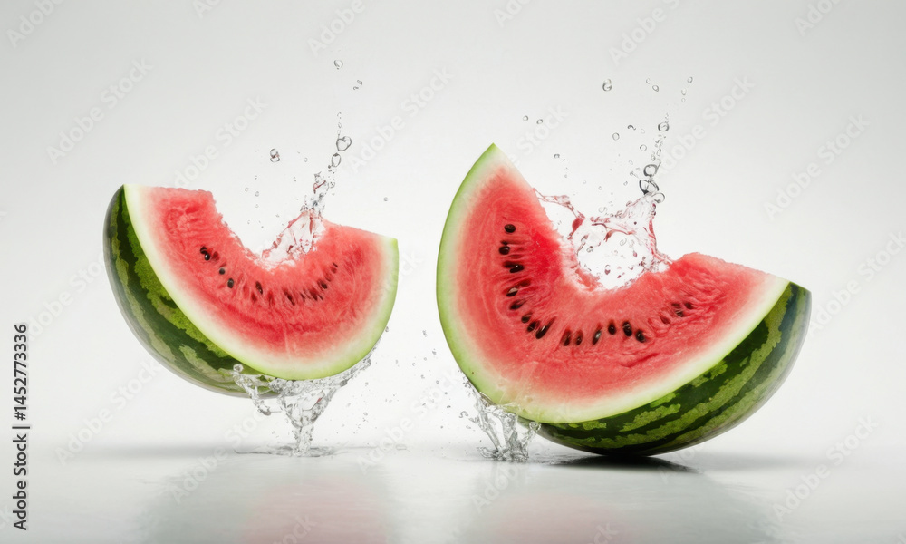 Fresh watermelon sliced and served with a splash of water, great for summer or outdoor scenes