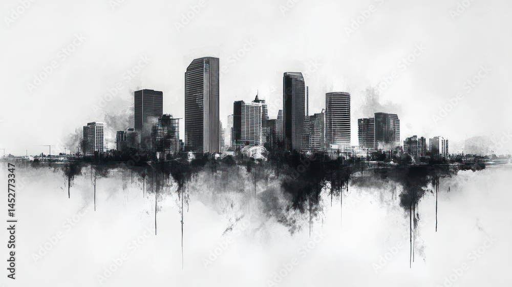 Obraz premium Abstract Cityscape: A Monochromatic Watercolor Metropolis
