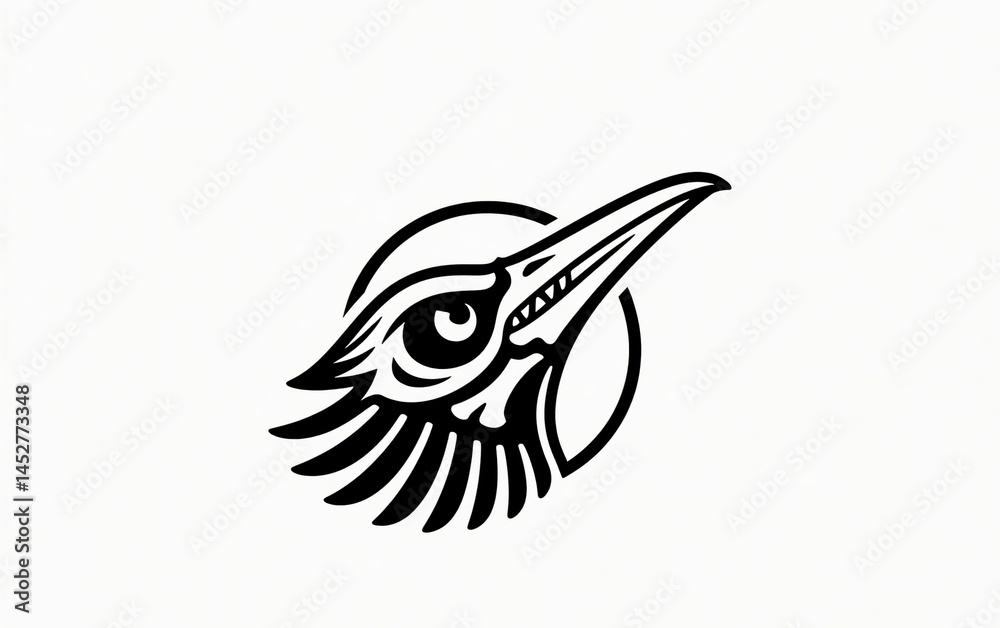 Fototapeta premium Logo of a bird's head with sharp eyes and teeth and long nose hair visible, looking upwards with its beak up, center, white background and plain and also transparent without any effects,