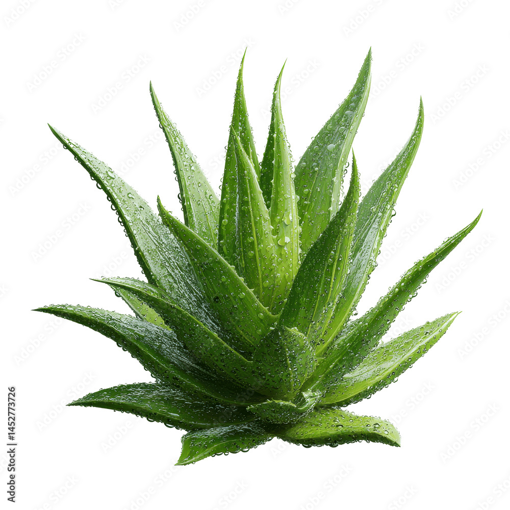 Fototapeta premium Lush Green Aloe Vera Plant with Dew Drops - Isolated on Green Transparent background