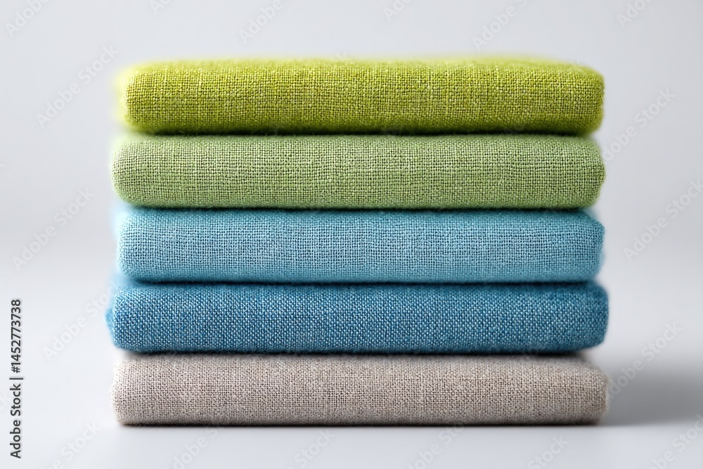 neatly folded stack of various colored linens displayed against plain white background neatly folded stack of various colored linens displayed against plain white background
