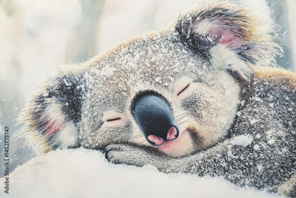 Obraz premium Sleeping Koala in Winter Snow with Gentle Colors and Soft Texture