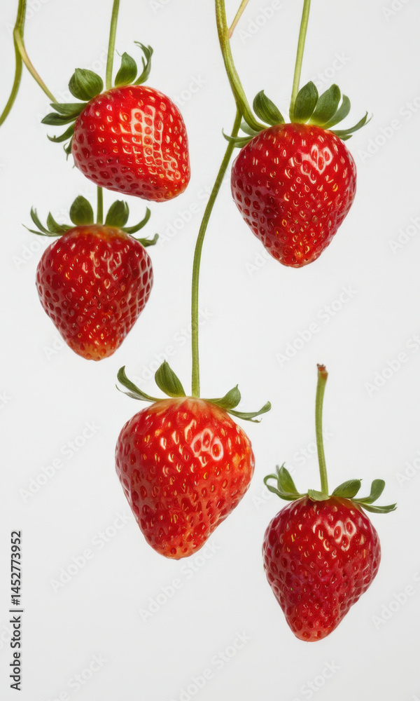 Fresh strawberries hanging from a branch