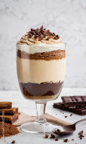 A sweet treat in a glass with a spoon nearby, perfect for a snack or dessert