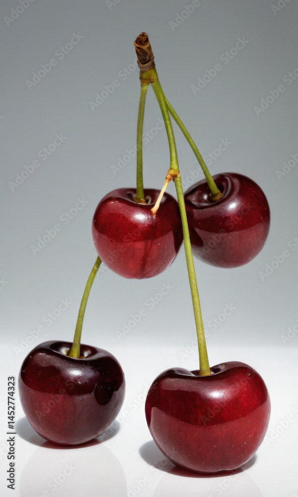Three ripe cherries stacked on top of each other, ready for eating or decorating