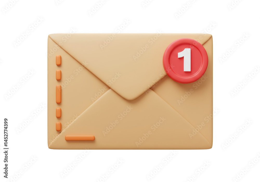 Close up of a tan envelope with a red notification badge showing the number one isolated on transparent background Close up of a tan envelope with a red notification badge showing the number one isolated on transparent background