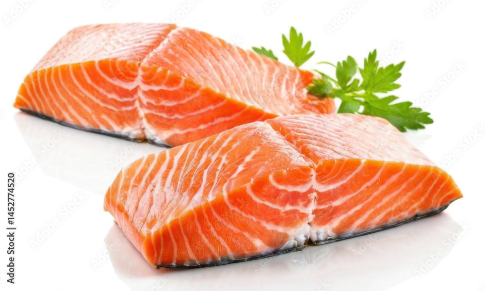 Two fresh salmon fillets lying on a white surface