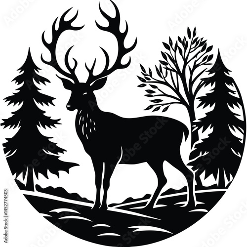 Wallpaper Mural Silhouette Deer in Forest Illustration: Stag with Antlers, Pine Trees, Nature Scene - Black and White Vector Graphic Design Torontodigital.ca