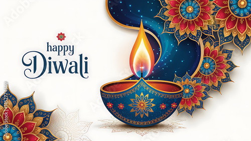 Happy Diwali Illustration Featuring Luxurious Deep Blue Gold Diya Lamp Glowing Flame Intricate Mandala Patterns Vibrant Red Blue Gold Tones on White Background for Festive Greeting Cards Invitations