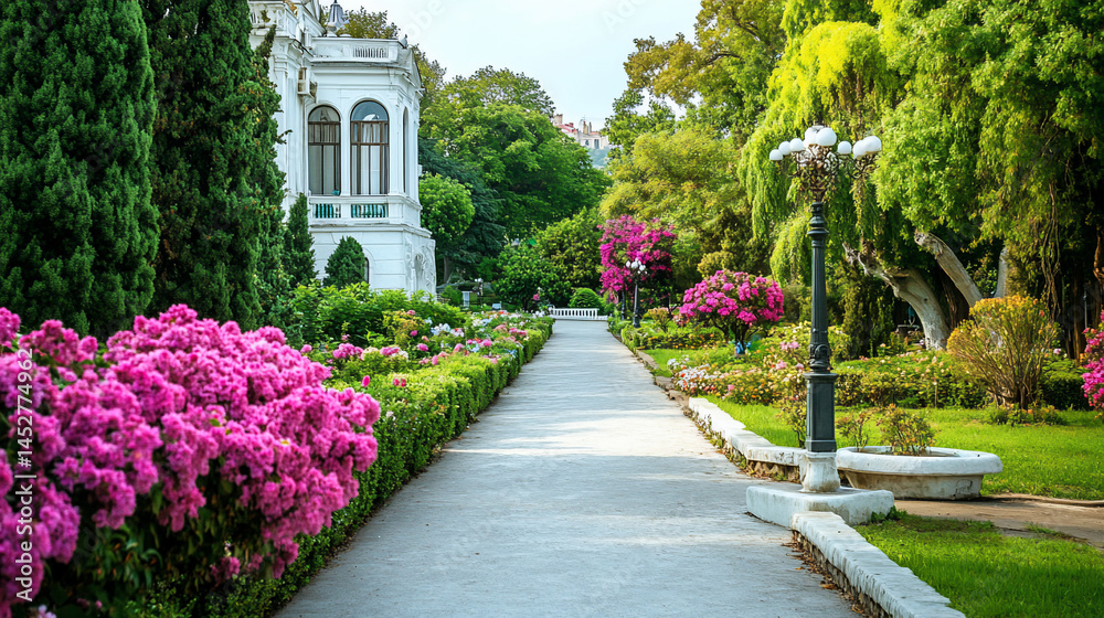 Obraz premium Park path with flowers and building