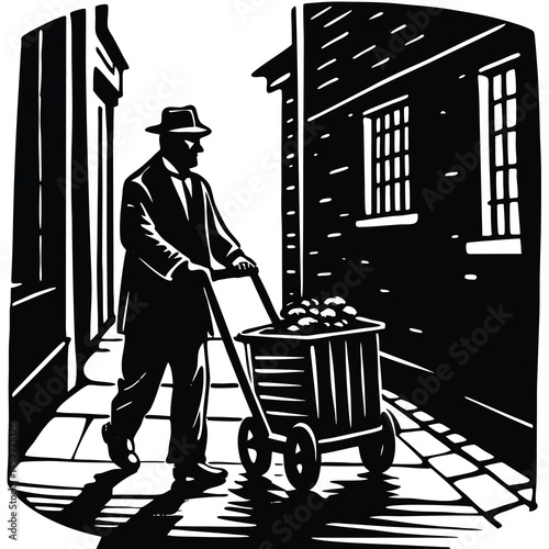 Monochrome Illustration of Man Pushing Cart Full of Goods in Alleyway, Vintage Style Art, Black and White Image, Urban Scene