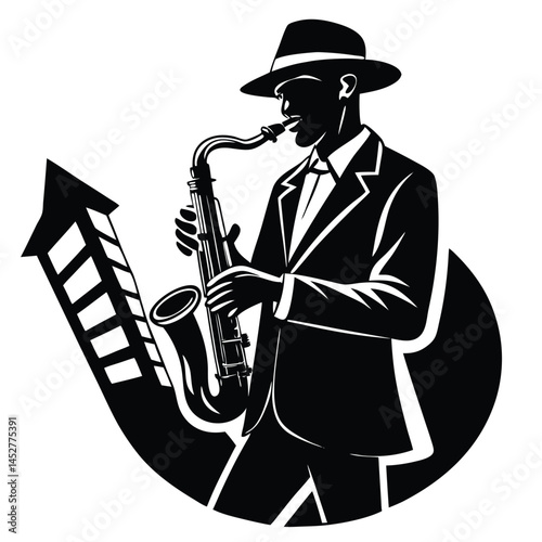 Jazz Saxophone Player Vector Art: Silhouette Illustration of Musician with Sax, Retro Style, Music Icon, Black and White Design