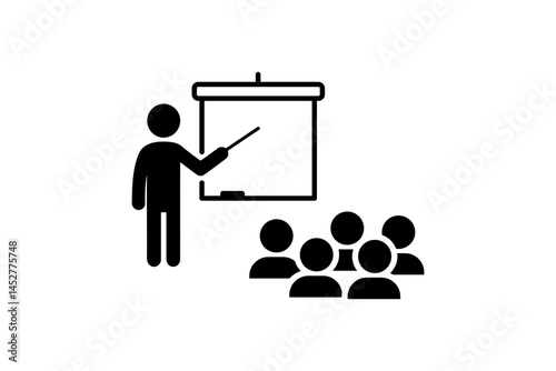 The training icon. Teacher and learner, classroom, presentation, conference, lesson, seminar, education symbol