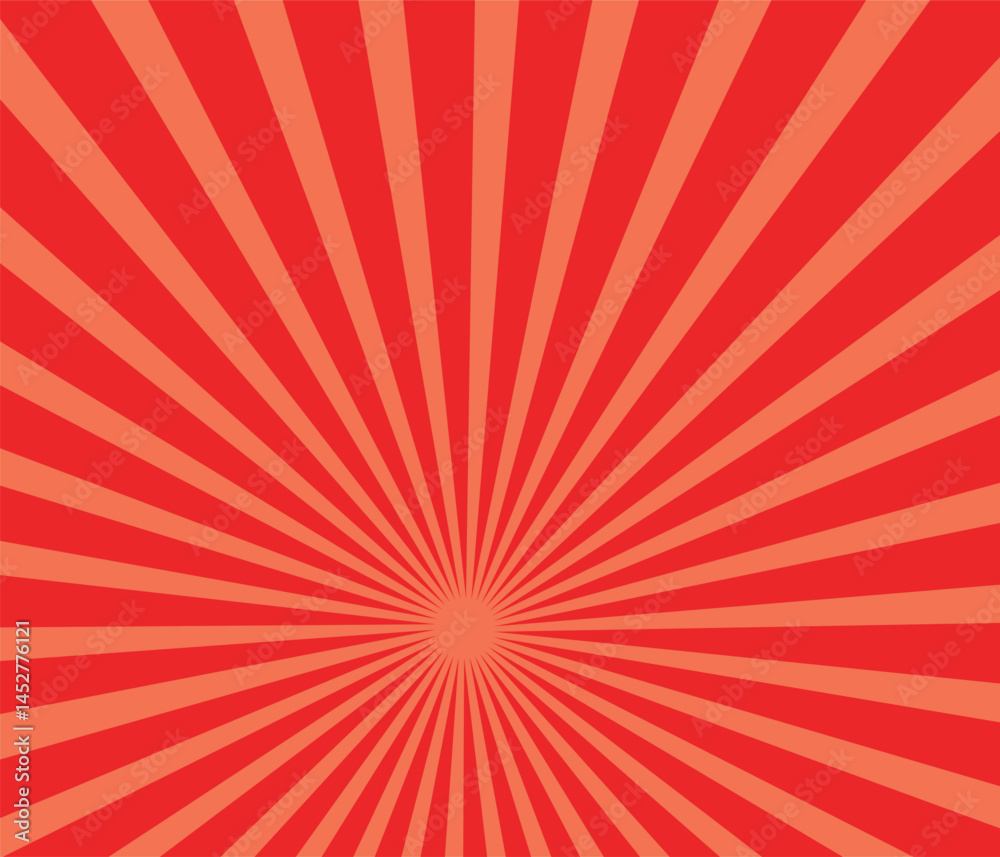 Fototapeta premium Pop art background for poster or book in red color. Radial rays backdrop with halftone effect in comics style design