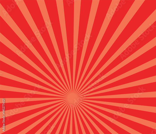 Pop art background for poster or book in red color. Radial rays backdrop with halftone effect in comics style design
