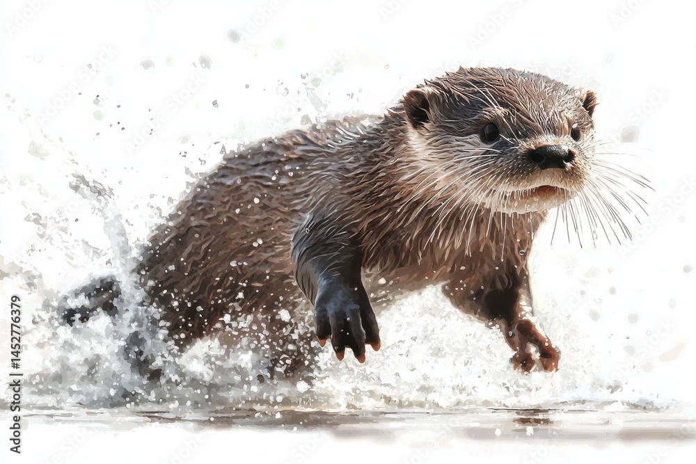 Playful River Otter Splashing in Water, Natural Wildlife Scene Playful River Otter Splashing in Water, Natural Wildlife Scene