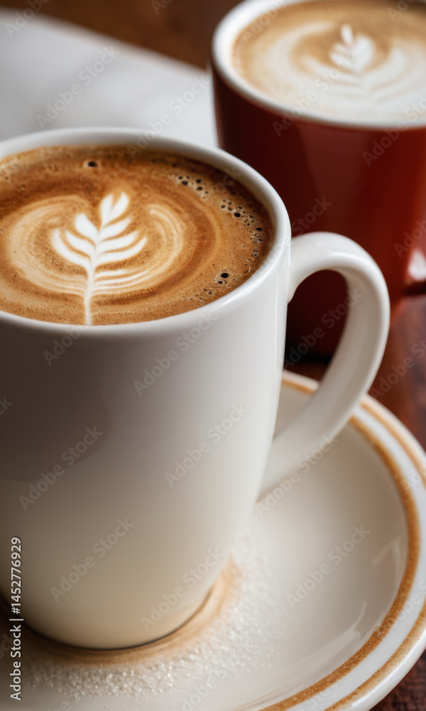 Two cups of hot coffee sitting on a decorative saucer, perfect for a cozy morning or afternoon