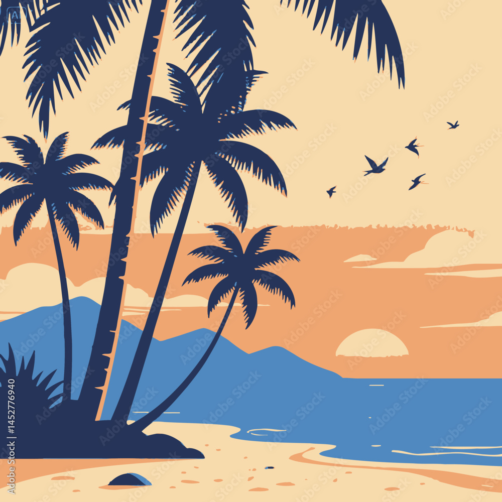 Fototapeta premium Retro vapor-wave tropical sunset vector illustration