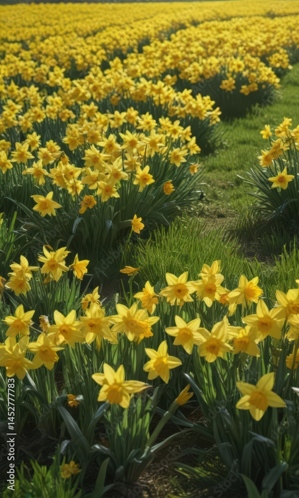 Fototapeta premium Sunlit daffodils burst forth in a vibrant yellow, creating a sea of color against a lush green field , blossom, bright