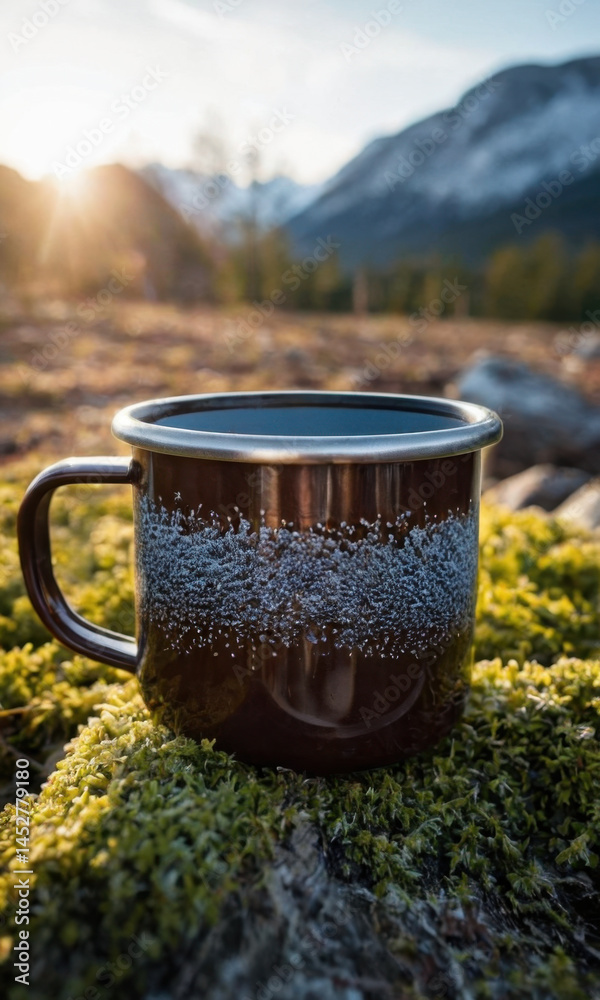 A coffee cup sitting on top of a mossy surface, perfect for a nature-inspired setting or outdoor-themed design