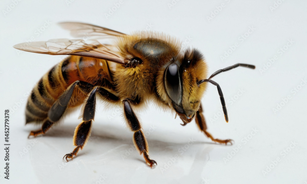 A close-up shot of a bee sitting on a white surface, its body and wings visible A close-up shot of a bee sitting on a white surface, its body and wings visible