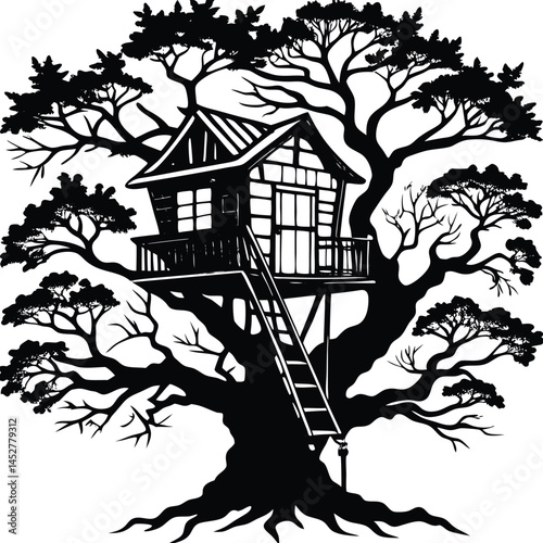Black and White Treehouse Silhouette: Whimsical Tree House Illustration in a Detailed Tree, Fantasy Hideaway Art, Nature Escape Design