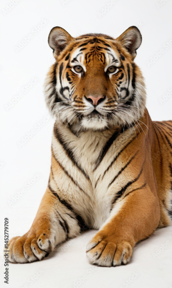 A tiger resting on a white surface