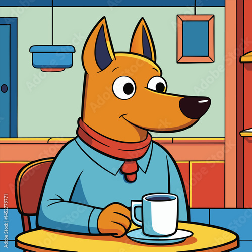Dog enjoys coffee in a cozy cafe setting