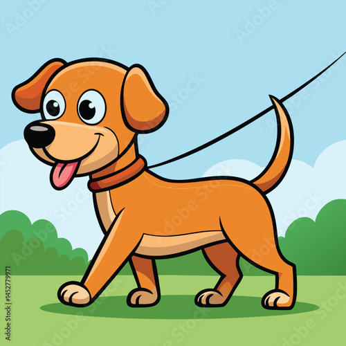Happy dog walking on a leash in a park