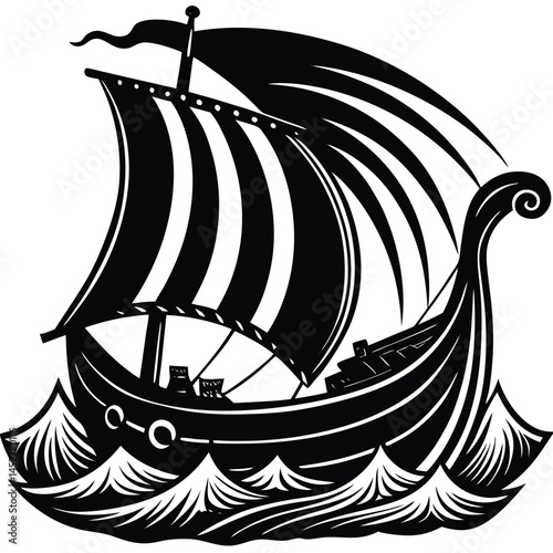 Viking Ship Vector Illustration: Black and White Norse Longboat Sailing on Waves, Scandinavian History & Maritime Art, Woodcut Style Image