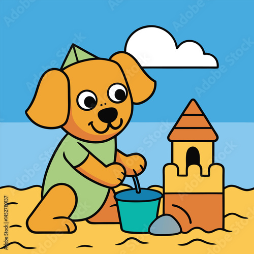 Puppy builds sandcastle at the beach on a sunny day