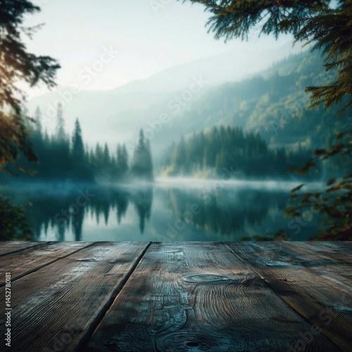 Wooden table top with tranquil mountain lake surrounded by blurred background