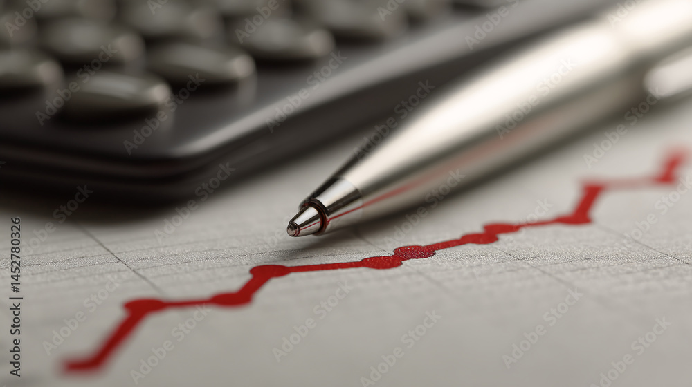 Close-up of silver pen on graph, calculator in background, red line shows upward trend, symbolizing business growth and success Close-up of silver pen on graph, calculator in background, red line shows upward trend, symbolizing business growth and success