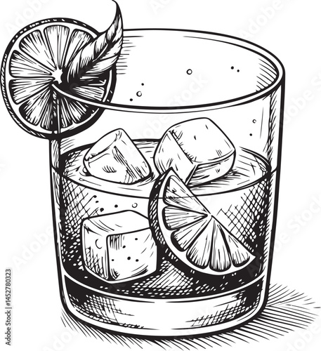 Negroni, Whiskey, Rum, Cocktail on the Rocks with Ice, Drink, Glass, Alcohol Black and White Vector Illustration, Sketch Drawing Line Linear Symbol Icon Engraving, Hand-drawn Isolated