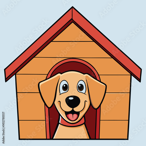 Happy dog poses outside its colorful dog house