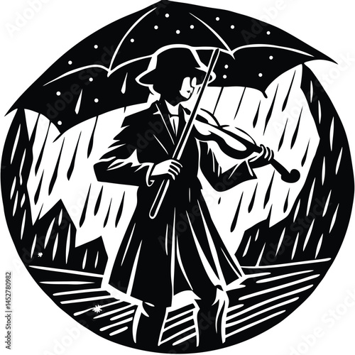 Black and White Woodcut of Violinist Playing in the Rain Under Umbrella, Vintage Style Musical Art Print, Vector Illustration