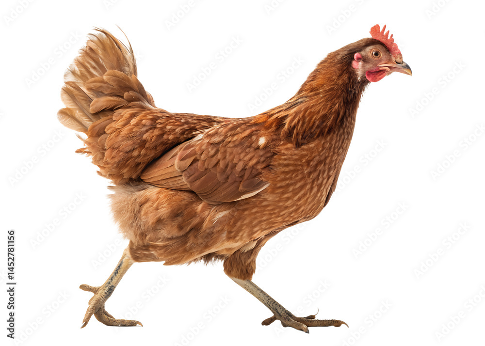 Fototapeta premium Walking brown chicken isolated on black background detailed poultry animal