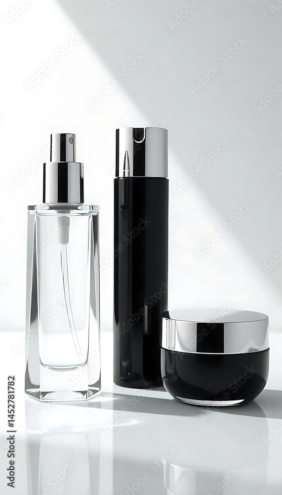 Generative AI created minimalist black and clear cosmetic product display under soft lighting Generative AI created minimalist black and clear cosmetic product display under soft lighting