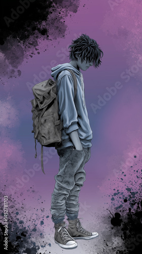Digital illustration of a young person looking down in a grunge style  