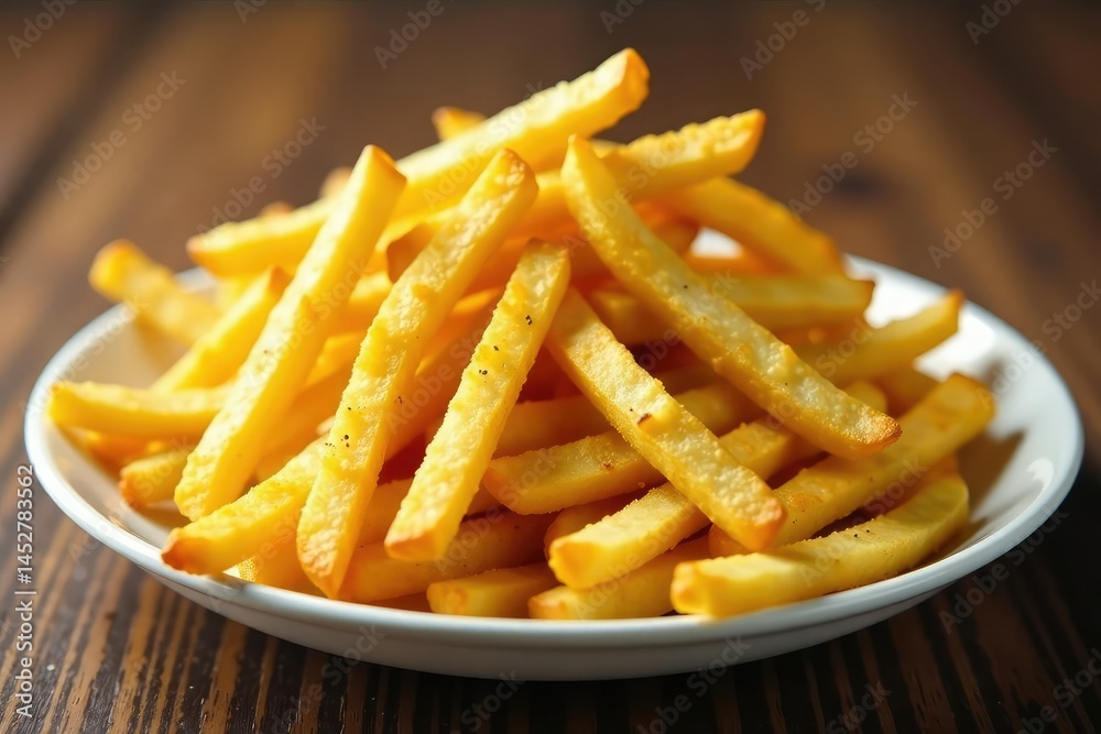 Crispy golden fries on white, perfectly seasoned , salty, fresh Crispy golden fries on white, perfectly seasoned , salty, fresh