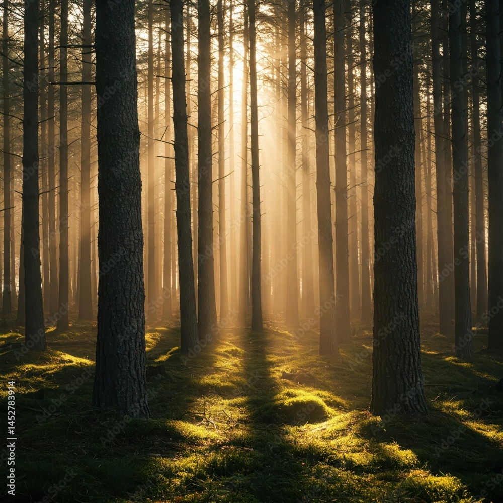 Obraz premium Mystic Sunrise in Quiet Tree Trunks