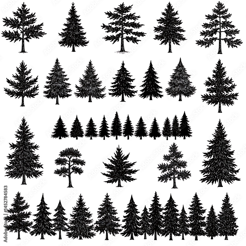 Obraz premium Evergreen Silhouettes: A Collection of Ink Drawings AI Generated